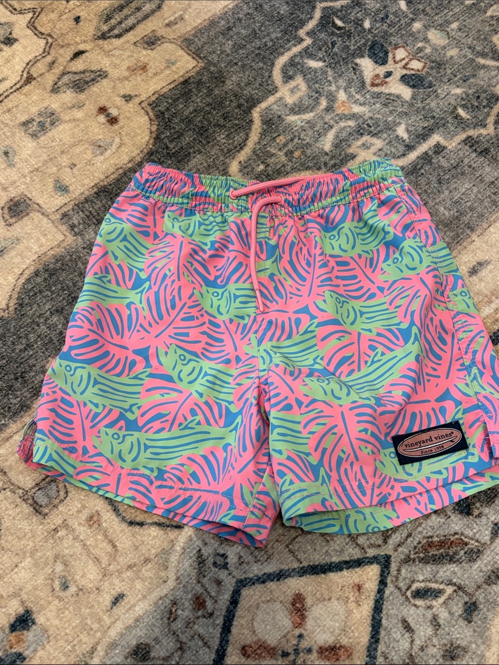 Vineyard Vines kids Pink and Green Tropical Print Swim Trunks, size 7